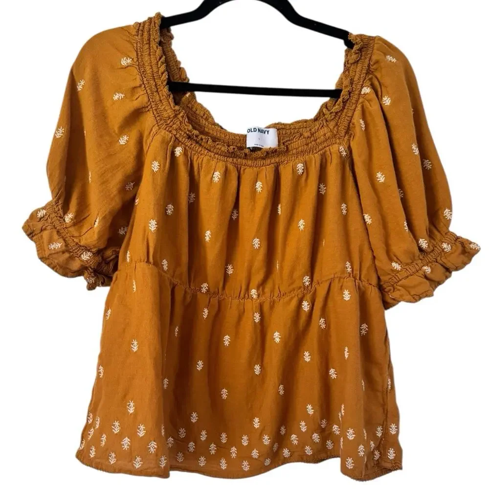 Old Navy Mustard Yellow Smocked Puff Sleeve Peasant Top Women’s Size Large